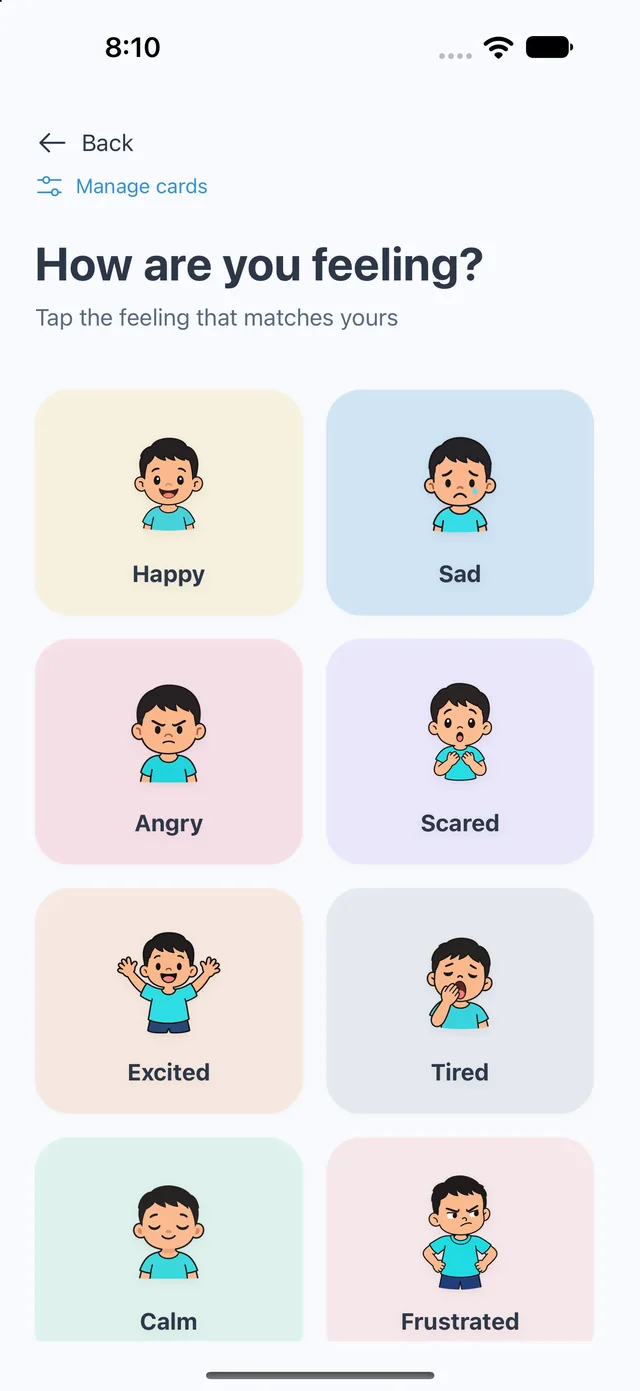 Picture cards for happy, sad, angry, scared and other feelings